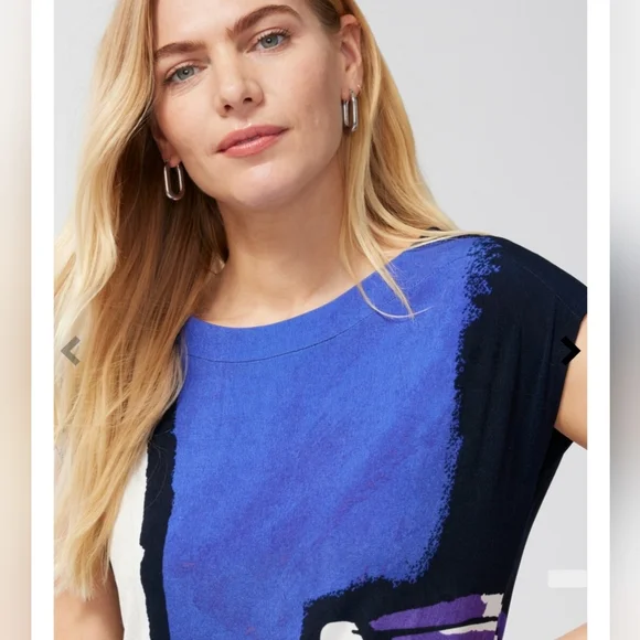 CHICO'S Size 3 Abstract Print Knit Blouse Acetate/Spandex Colorful Tunic - Picture 5 of 8